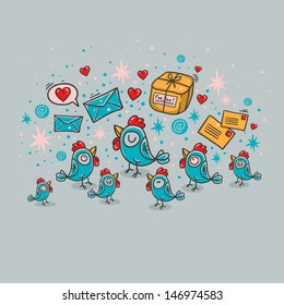 Cartoon blue birds with letter, e-mail, parcel and postcard