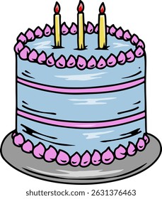 Bolo de aniversário azul de desenhos animados com detalhes de glacê rosa e três velas amarelas acesas em um prato, perfeito para celebrações festivas e projetos alegres.