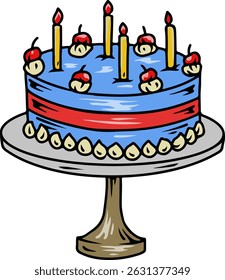 Bolo de aniversário azul de desenhos animados com fita vermelha, decorações de cereja e gelo e cinco velas amarelas acesas em um suporte. Ideal para celebrações.