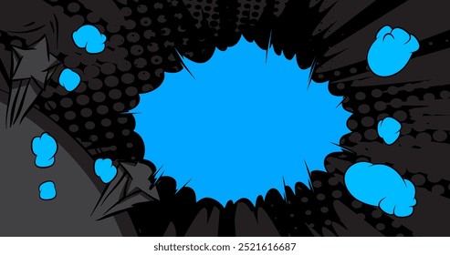 Cartoon Blue and Black background, comic book backdrop. Retro vector comics pop art design.