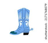 Cartoon сowgirl blue boot with spurs, flower ornaments. Cowboy western theme, wild west, texas. Sheriff Horse Ranch . Hand drawn colored flat vector illustration.