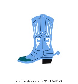Cartoon сowgirl blue boot with spurs, flower ornaments. Cowboy western theme, wild west, texas. Sheriff Horse Ranch . Hand drawn colored flat vector illustration.