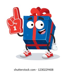 cartoon blue box with a gift character mascot with the number 1 one sports fan hand glove on a white background