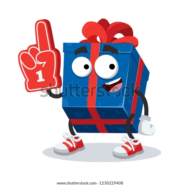 cartoon blue box\
with a gift character mascot with the number 1 one sports fan hand\
glove on a white\
background
