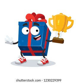cartoon blue box with a gift mascot holds the number one cup on white background
