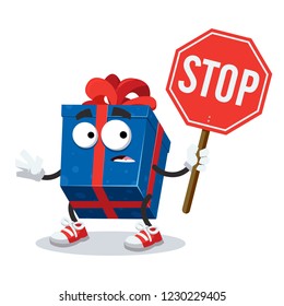 cartoon blue box with a gift mascot with tablet stop in hand on white background