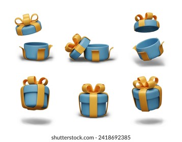 Cajas azules de dibujos animados para regalos en diferentes posiciones. Cajas abiertas y cerradas para regalos