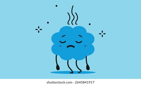 cartoon blue brain character with sad face and steam lines showing mental fatigue and exhaustion on blue background	