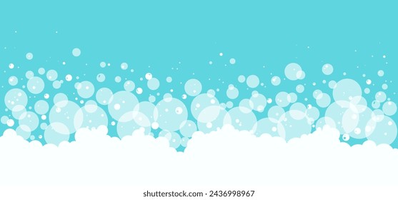 Cartoon blue bubble, white foam background, bath soap border, shower water pattern, laundry transparent suds icon. Abstract washing vector illustration