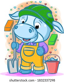 The cartoon of the blue builder cow using the green helmet holding shovel