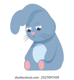 Cartoon blue bunny is sad and looking down with a dismal expression