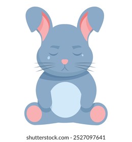 Cartoon blue bunny sitting and crying with closed eyes, feeling sad and upset