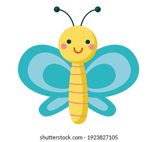 Cartoon blue butterfly. Cute smiling character for childish design. Flat vector illustration isolated on a white background.