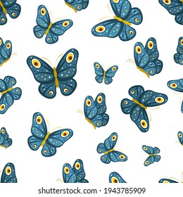 Cartoon blue butterfly with round spots on the wings, seamless vector pattern.  Background with front and side views of cartoon butterflies who are flying with folded and with opened spread wings.