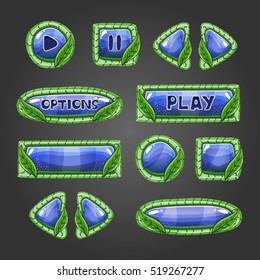 Cartoon blue buttons with leaves. Game interface illustration.