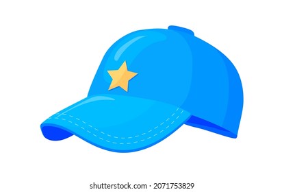 Cartoon blue cap. Hat with visor for sport baseball derby, vector illustration isolated on white background