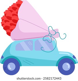 A cartoon blue car carrying a bouquet of flowers on white background. Minimalism. Valentines day card. Flower delivery. International Womens Day. Vector illustration. 