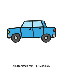 Cartoon blue car icon. Side view. Hand drawn vector graphic illustration. Isolated object on a white background. Isolate.