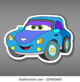 Cartoon blue car sticker for boys.Vector illustration of doodle car for scrapbook.Transportation Applique Background. Funny smile car in paper cut style. Comic character for textile 