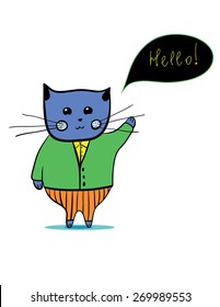  cartoon blue cat in  green jacket and orange pants