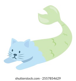 Cartoon blue cat mermaid with green tail crawling and having fun