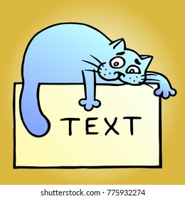 Cartoon blue cat and text on yellow sheet. Vector Illustration. Cute emoticon character. Cheerful pet. Orange color background.