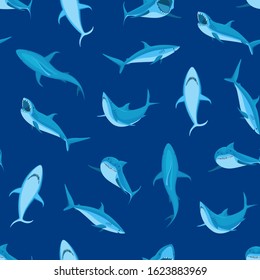 Cartoon Blue Characters Shark Seamless Pattern Background Wildlife Predator Concept Element Flat Design Style. Vector illustration of Icons