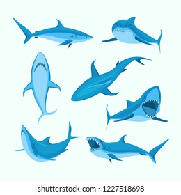 Cartoon Blue Characters Shark Sign Icon Set Wildlife Predator Concept Element Flat Design Style. Vector illustration of Icons