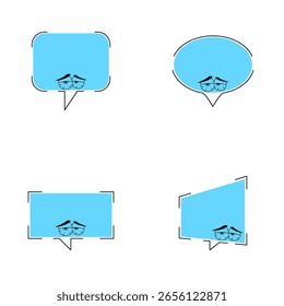 Conjunto de iconos de burbujas de chat azul de dibujos animados con ojos y expresiones faciales. Ilustración vectorial.