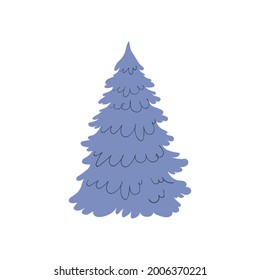 Cartoon blue Christmas tree on a white background. Christmas greeting card. Vector stock illustration isolated
