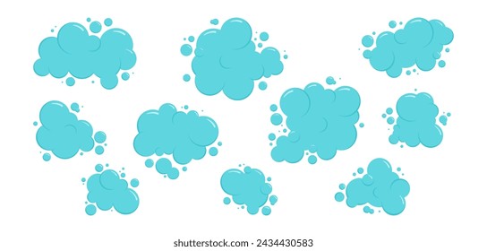 Cartoon blue cloud, foam bubble water icon, soap ball set, bath shampoo suds splash. Wash, laundry, clean underwater collection. Soda, carbonated fun vector illustration