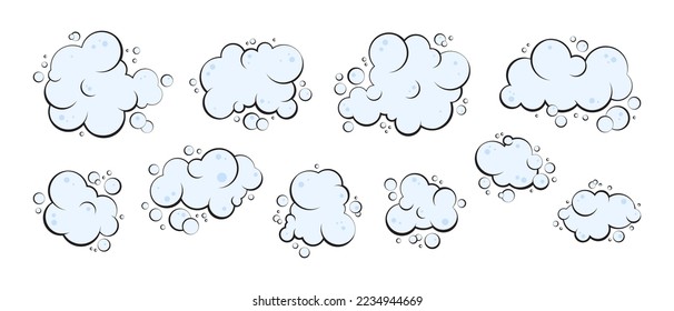 Cartoon blue cloud, foam and  soap bubble, smoke pop, gas balloon vector icon, water bubbles set hand drawn, shampoo suds isolated on white background. Fun illustration