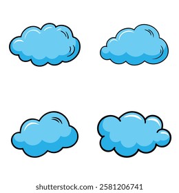 Cartoon Blue Cloud Set - Hand-Drawn Fluffy Sky Clouds with Black Outline for Weather, Nature, and Digital Art Designs	