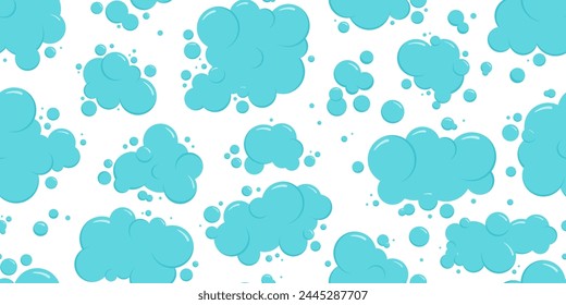 Cartoon blue cloud sky or foam bubble water seamless pattern, soap ball background, bath shampoo suds print. Wash, laundry, clean underwater bg. Soda, carbonated fun texture. Vector illustration