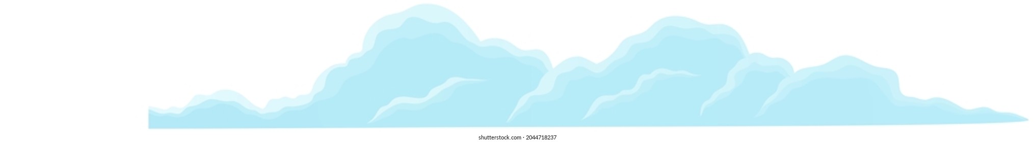 Cartoon blue clouds set on white sky background. Collection of smoke patterns and fog icons. Clouds with different sizes and forms. Cloudscape in air. Natural weather atmosphere elements in flat style