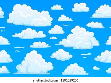 Cielo azul turbio. Patrón horizontal sin fisuras con nubes blanquecinas, atmósfera climática acumulada. Segundo juego de cielo nublado. Hermoso fondo de textura vectorial nítida y brillante