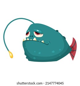 Cartoon blue comic anglerfish isolated on a white background. Ocean toothy marine animal. Character animal vector clipart for childen illustration, game, banner, poster and more.