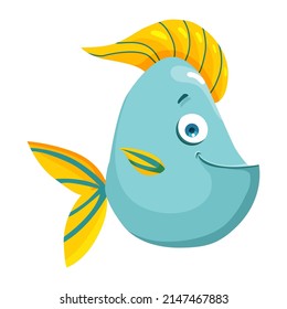 Cartoon blue comic fish isolated on a white background. Ocean marine animal smiling. Character animal vector.