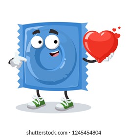 cartoon blue condom pack character mascot keeps the heart on white background