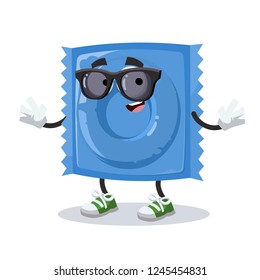 cartoon blue condom pack character mascot in black sunglasses on a white background