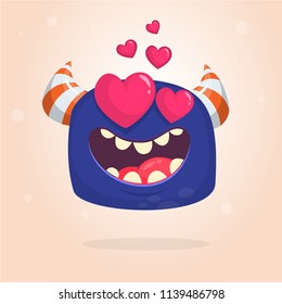 Cartoon blue cool monster in love. St Valentines vector illustration of  loving monster 