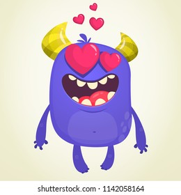 Cartoon blue cool monster in love. St Valentines vector illustration of  loving monster waving