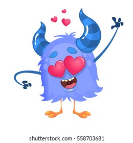 Cartoon blue cool monster in love. St Valentines vector illustration of  loving monster waving