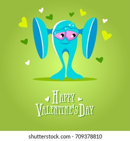 Cartoon blue cool monster in love. Romantic congratulation postcard. St Valentines vector illustration