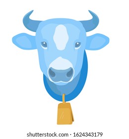 Cartoon blue cow head with gold bell on the neck. Stock vector illustration.