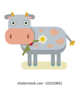 cartoon blue cow on the field with flower vector illustration