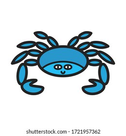Cartoon blue crab isolated on white background.Smiling sea creature.  Cute cheerful shellfish icon. Funny design for print. Stock vector illustration.