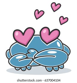 Cartoon blue crab in love with hearts around vector character isolated on white background. Sea and ocean animals.