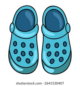 Cartoon blue crocs shoes, top view. Unisex slates. Rubber footwear. Pair of clogs shoes. Vector isolated illustration
