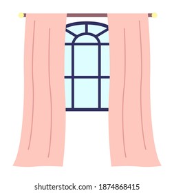 Marco azul de la ventana de caricatura, cornisa marrón, cortinas rosas. Pieza interior. Ventana panorámica, paisaje paradisíaco. Ilustración vectorial plana aislada en blanco